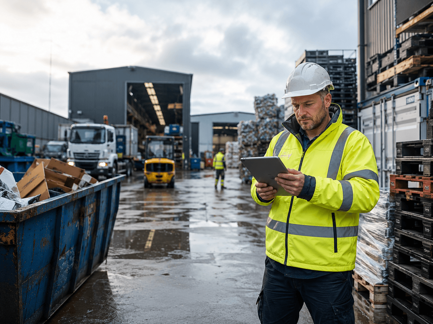 An industrial operator in a busy yard capturing on-site work on a tablet